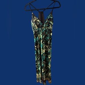 Rue 21 women’s size large maxi dress green black tropical jungle strappy v-neck